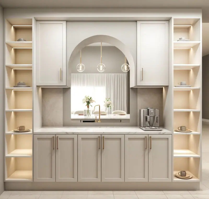 Design rendering of a built-in coffee bar: an arched mirror niche with pendant lights, a coffee machine on the counter, cabinets above and below and lit open shelves on both sides