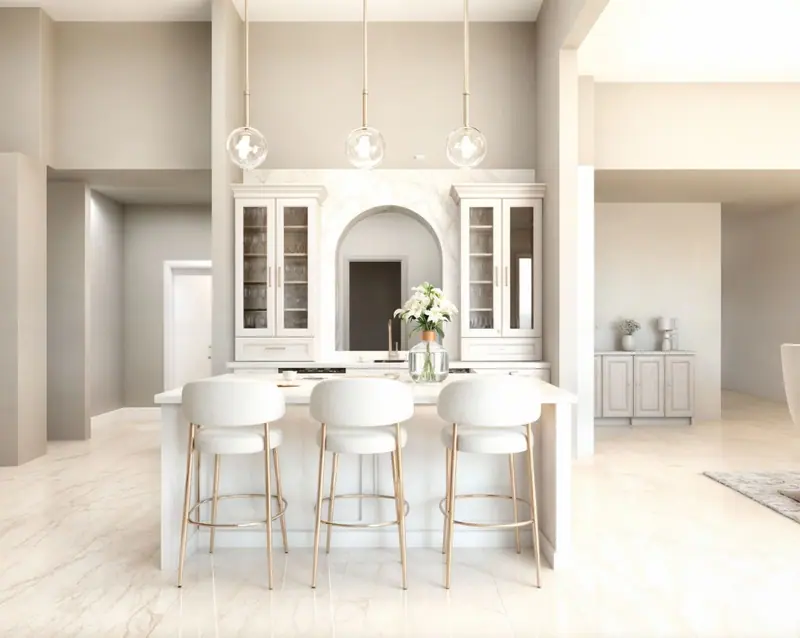 Design rendering of a kitchen island with three white stools under glass globe pendants, facing a hutch with glass-front cabinets around an arched niche with a veined panel