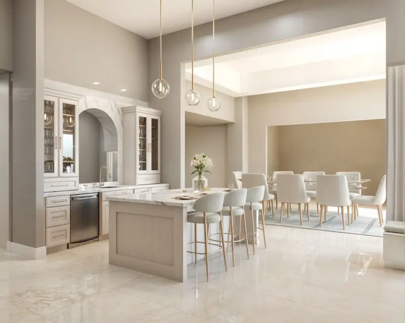 Design rendering of a beige kitchen with an island, white stools, glass pendant lights and an arched hutch, open to a dining room with a long table