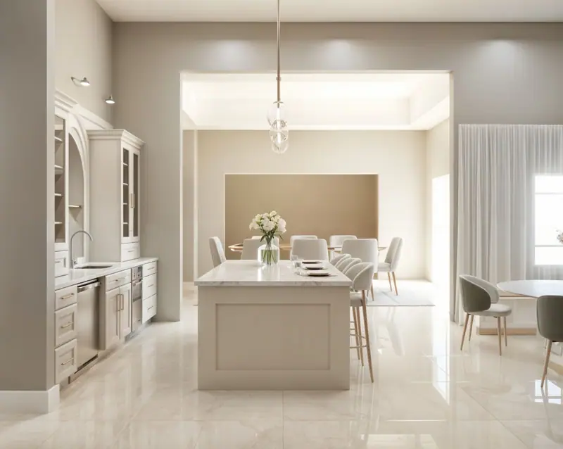 Design rendering of a beige kitchen with an island and stools, a sink wall with glass-front cabinets, and beyond it a dining room with a long table and a breakfast nook by sheer curtains