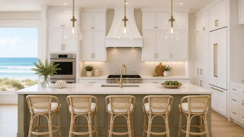 Design rendering of a white kitchen with a sage green island, a white range hood and gold pendant lights
