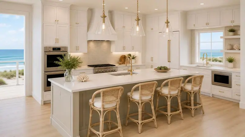 Design rendering of a white kitchen with an island that seats four, glass pendant lights, gold hardware and an ocean view