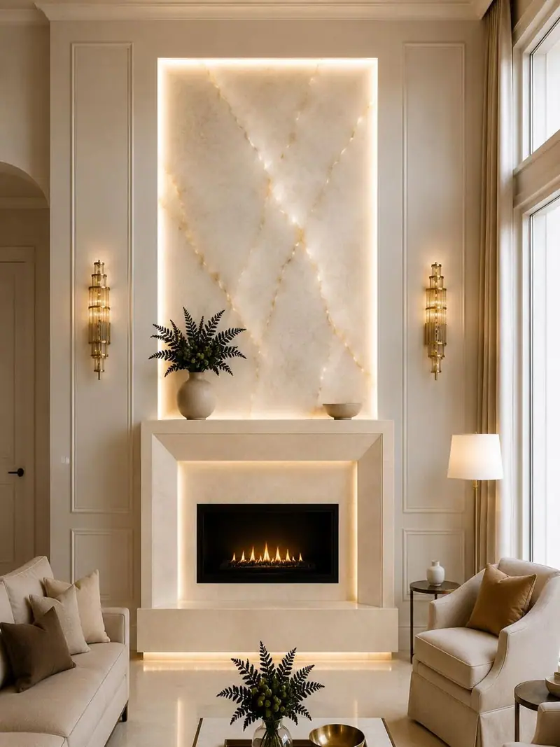 Design rendering of a living room fireplace wall with a backlit veined panel, gold sconces and paneled walls