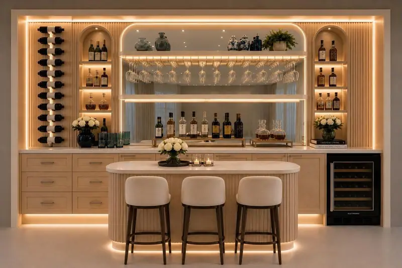 Design rendering of a home bar with lit shelves, a mirrored back wall, a curved fluted island and three stools