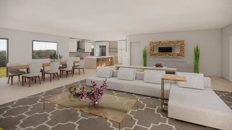 Render de diseño de una sala, comedor y cocina abiertos: un sofá seccional con mesa de centro de vidrio, una mesa de comedor larga y una cocina blanca con isla