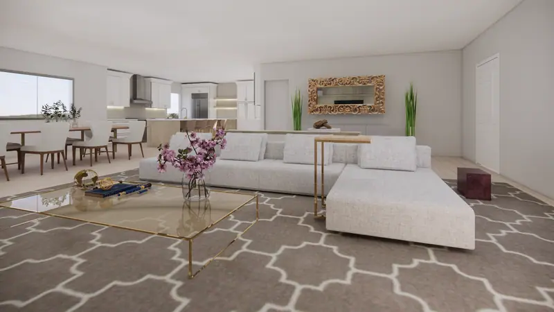Design rendering of an open living room with a sectional sofa, a glass coffee table and a gold-framed mirror, looking toward the dining area and kitchen