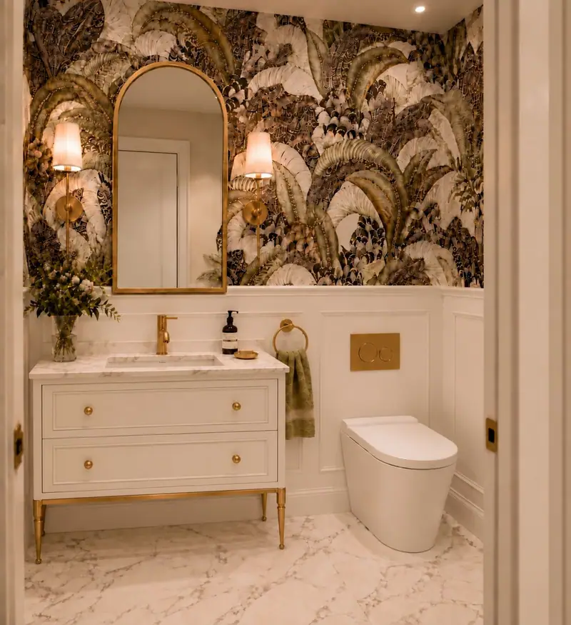 Render de diseño de un medio baño con papel tapiz de hojas tropicales, un espejo dorado en arco, un tocador blanco con patas doradas y un inodoro blanco