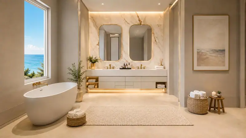 Design rendering of a primary bathroom with a freestanding tub by an ocean-view window, a floating double vanity with two mirrors and a lit veined wall