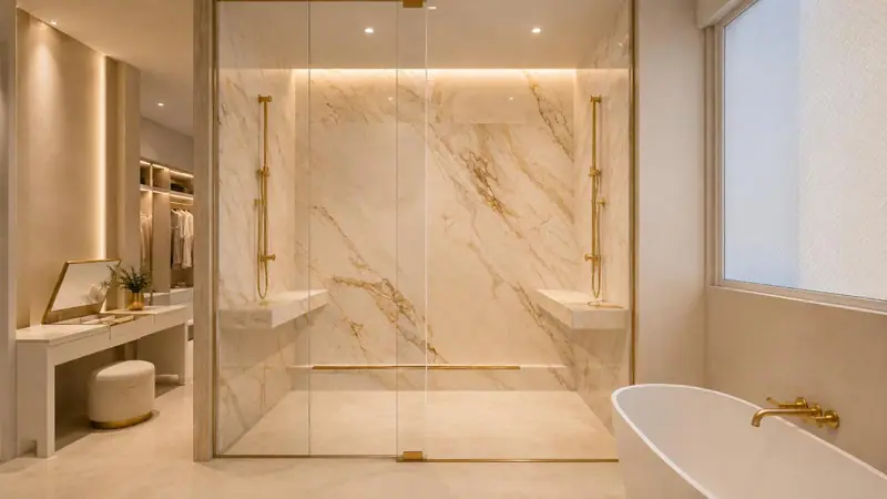 Design rendering of a walk-in shower behind glass, with veined walls, two built-in benches, gold fixtures and a freestanding tub