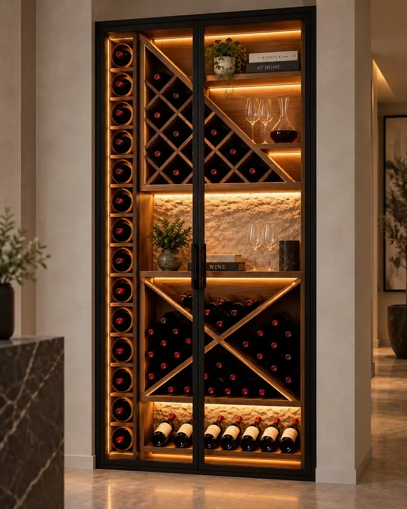 Render de diseño de una vinoteca empotrada con puertas de vidrio de marco negro, estantes de madera e iluminación cálida